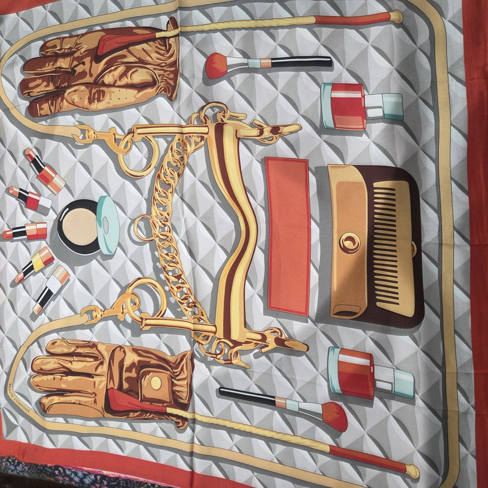 Hermes Elegant Silk Scarf with Makeup and Accessories Print